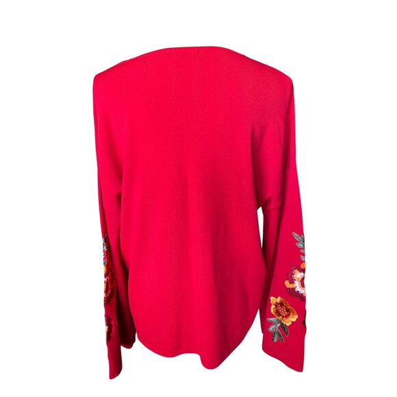 FEMME Red Long Bell Sleeve V-Neck Top Floral Embroidery Soft Flattering XL - Picture 6 of 8